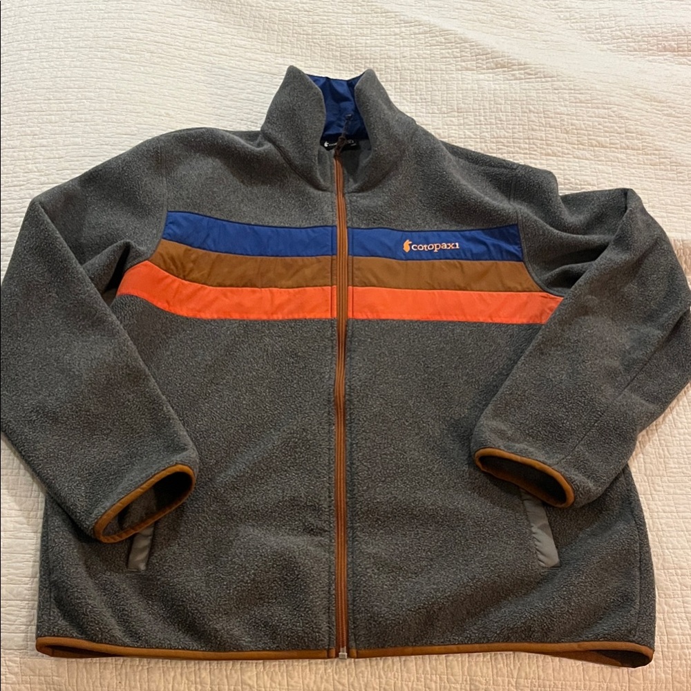cotopaxi Gray Fleece Jacket with Blue, Brown, and Orange Stripes